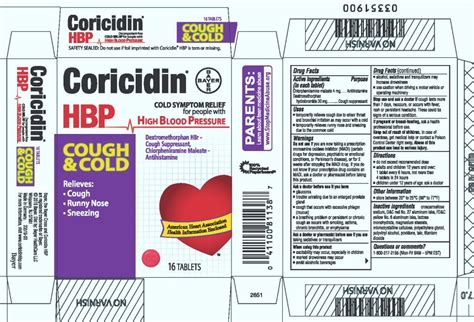 Coricidin HBP Cough and Cold Cough Suppressant, Antihistamine (tablet ...