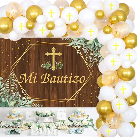 JOYMEMO Christening Party Decorations with Backdrop and White Gold Balloon Garland Kit Baptism ...