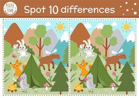 Find differences game for children. Woodland educational activity with funny camping scene. Pri ...