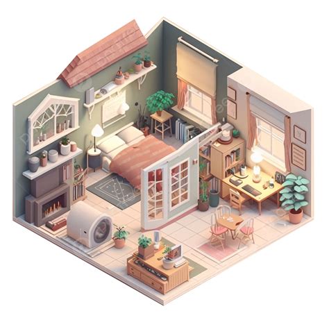 Bedroom Study Warm Color Furniture Soft Lighting Isometric Style ...