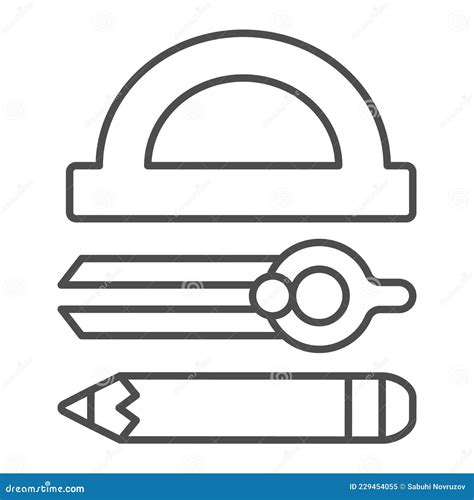 Protractor, Drawing Compass and Pencil Thin Line Icon, Stationery ...