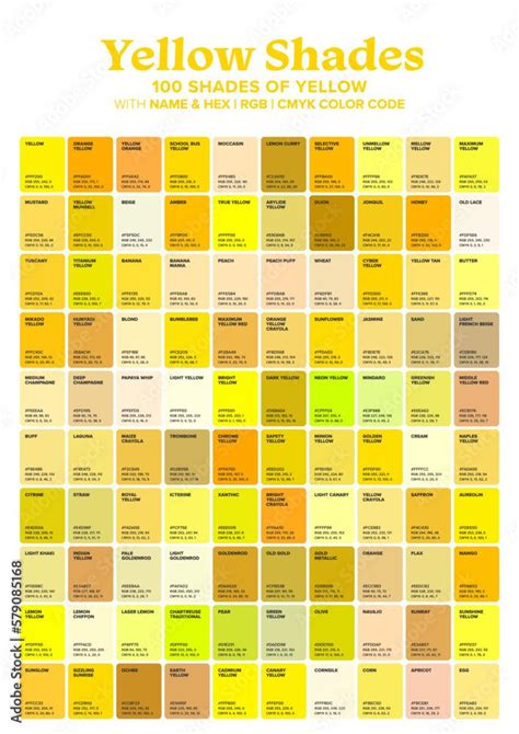 Yellow Tone Color Shade Background with Code and Name Illustration. Yellow swatches color pa ...