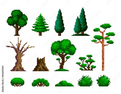 Pixel forest set. Trees bushes and grass sprite asset, retro 8 bit ...