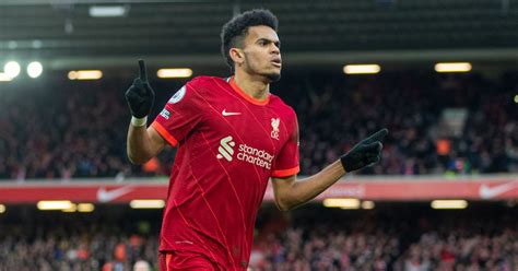 Luis Diaz celebrates after scoring during the Premier League match between Liverpool and Norwich ...