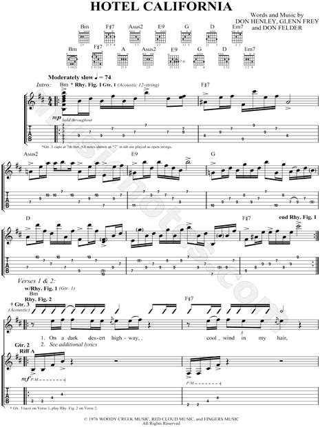 The Eagles "Hotel California" Guitar Tab in B Minor - Download & Print ...