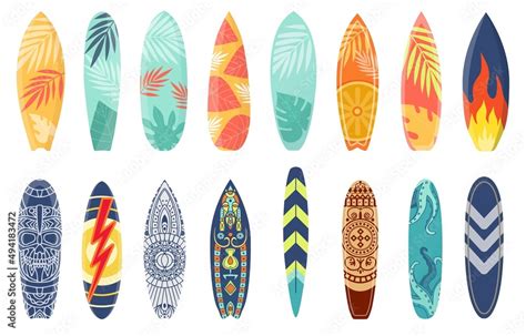 Cartoon surfing board with summer design and ethnic pattern. Surfboard ...