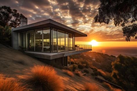 Premium AI Image | A house on a hill with a sunset in the background