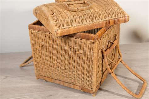 1960's Rattan Wicker Picnic Basket - Vintage Brown Woven Square Basket with Carrying Handle