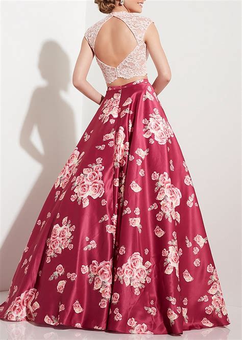 LL Bridal Women's 2 Piece Floral Prom Dresses Long Satin High Neckline Lace Evening Party Formal ...