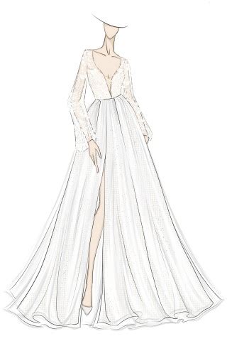 Floral Lace Appliqued Slit A-line Wedding Dress Sketch - Lunss