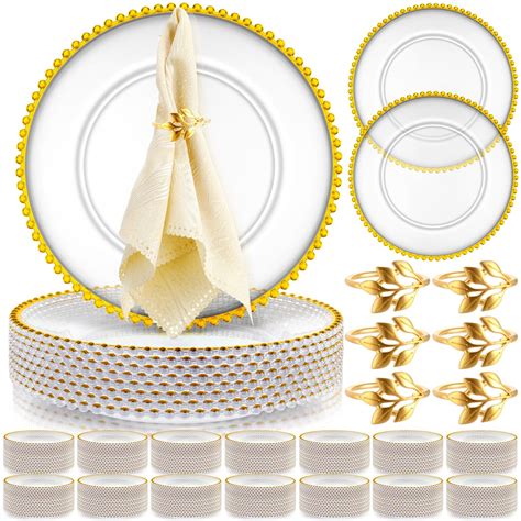 Bokon 50 Sets Clear Charger Plates Bulk 13 Inch Gold Beaded Plastic ...