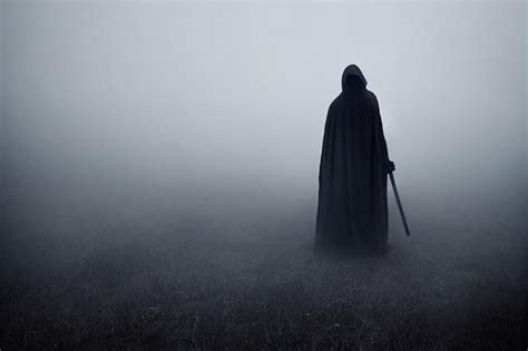 Premium Photo | Grim reaper standing in the fog at night photo of personification of death ...