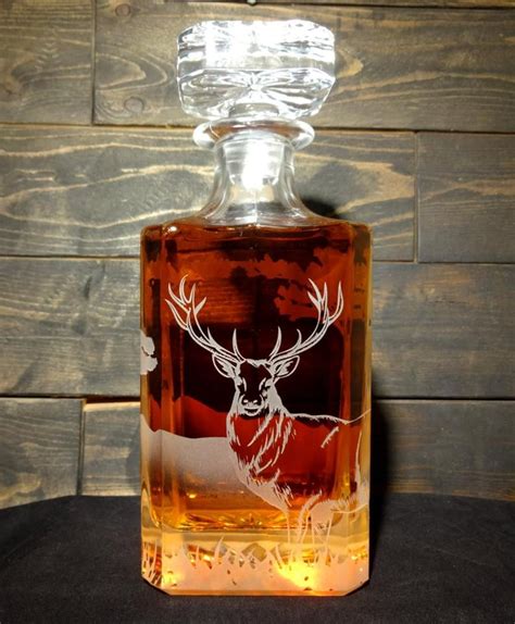 Deer Nature Scene Etched Crystal Decanter 750ml Whiskey Bourbon Scotch Wine Unique Barware ...