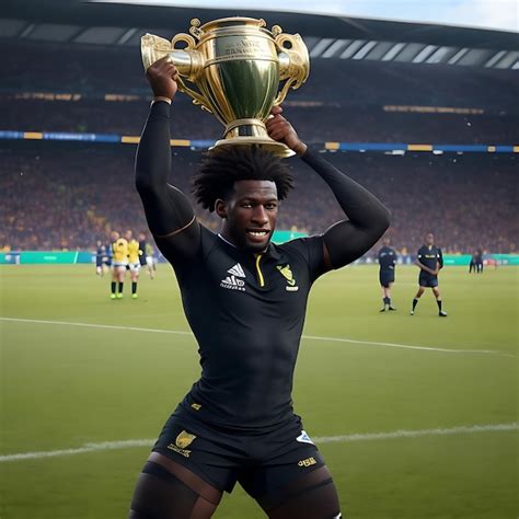 Premium AI Image | Siya Kolisi holding up the rugby World Cup in a ...