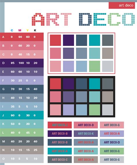 Art Deco color schemes, color combinations, color palettes for print (CMYK) and Web (RGB + HTML)