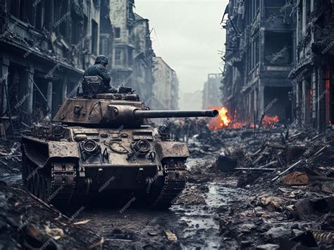 Premium Photo | Modern war tank advancing through a street littered ...