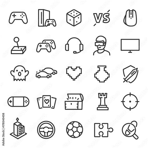 Video games icon set. Game genres and attributes. Linear design. Lines ...