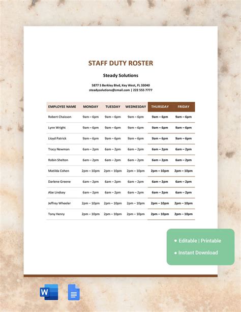 Duty Roster Template