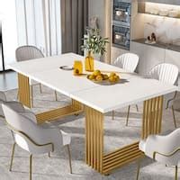 Modern Dining Table for 6-8 People, Long Dining Room Table, Wood Kitchen Table with Gold Metal ...