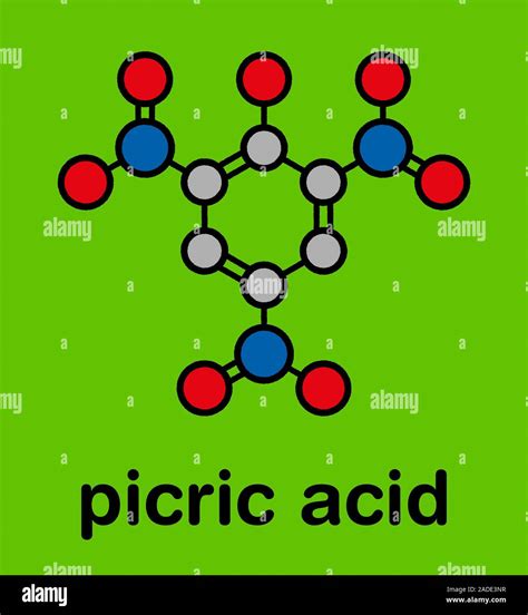 Picric acid (2,4,6-trinitrophenol) explosive molecule. Stylized skeletal formula (chemical ...