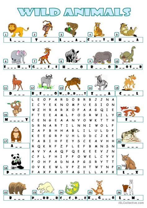 WILD ANIMALS - WORDSEARCH wor…: English ESL worksheets pdf & doc