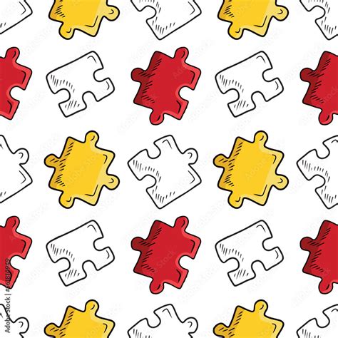 Seamless pattern with red and yellow cartoon jigsaw puzzles pieces on ...