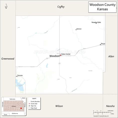 Map of Woodson County, Kansas showing cities, highways & important ...