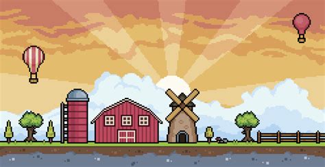 Pixel art farm landscape at sunset with barn, silo, mill, fence, tree 8 bit game background ...