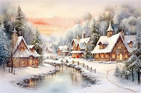 Premium AI Image | Painting of a winter village scene with a stream and ...