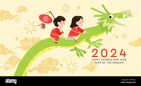 Cute chinese new year 2024 greetings card children with dragon vector ...