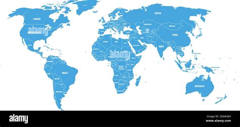 Blue political World map with country borders and white state name ...