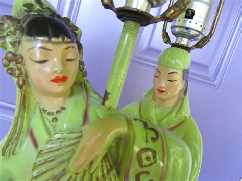 Pair Chalkware Lamps Asian Oriental Japanese Fan Green Gold Vintage ...