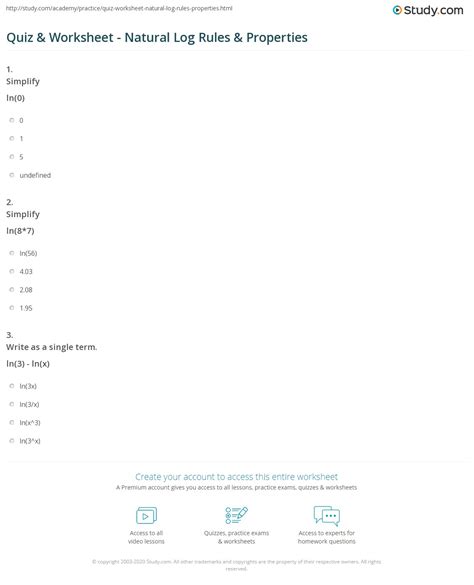 Quiz & Worksheet - Natural Log Rules & Properties | Study.com - Worksheets Library