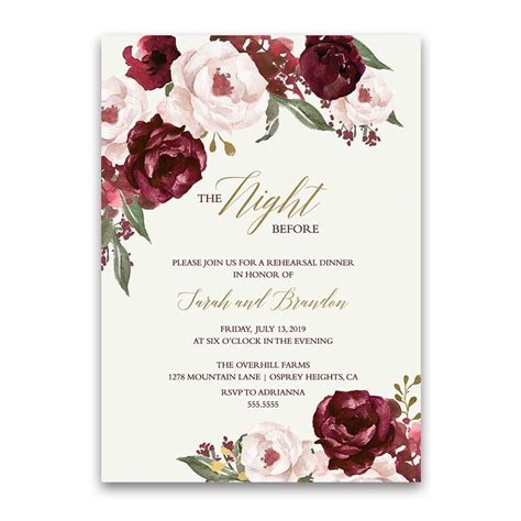 Floral Wedding Rehearsal Dinner Invitations Burgundy Gold which has watercolor florals and ...