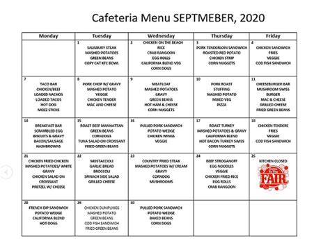 Hospital Cafeteria Menu