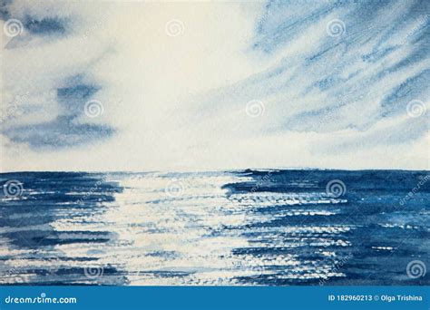 Watercolor Drawing of Blue Water and Blue Sky. Landscape with Ocean, Sea and Clouds Stock ...