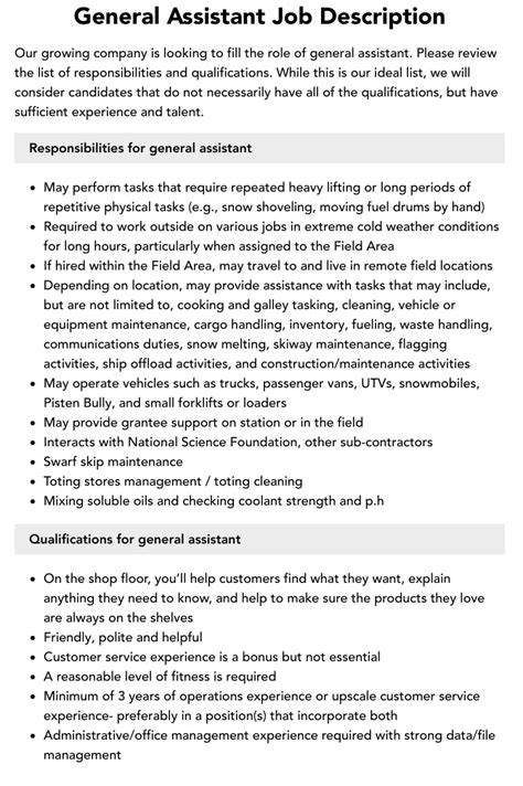 General Assistant Job Description | Velvet Jobs