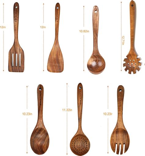 BOKALAKA 7 Pcs Natural Teak Wooden Spoons and Cooking Utensils Set with Stirring and Mixing ...