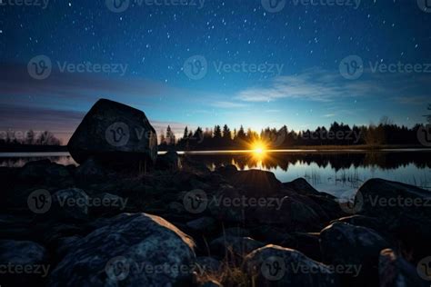 a lake at night with rocks and stars in the sky generative AI 28358561 Stock Photo at Vecteezy