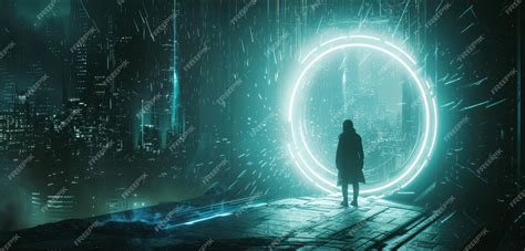 Premium Photo | Man stands at glowing spatial portal in dark cyberpunk city time traveler on ...
