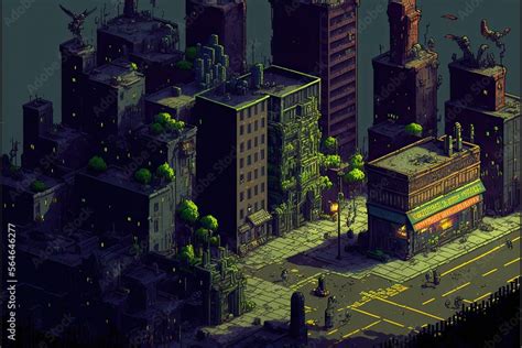 Pixel art city in zombie apocalypse, background in retro style for 8 bit game, Generative AI ...