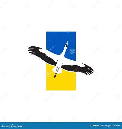 Soaring Stork and Ukrainian Flag on White Background. Ukrainian Symbol ...