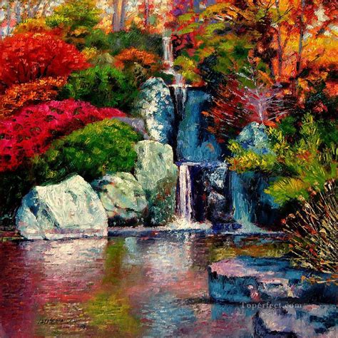 japanese waterfall garden Painting in Oil for Sale