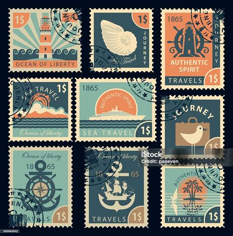 Stamps On The Theme Of Travel By Sea Stock Illustration - Download Image Now - Postage Stamp ...