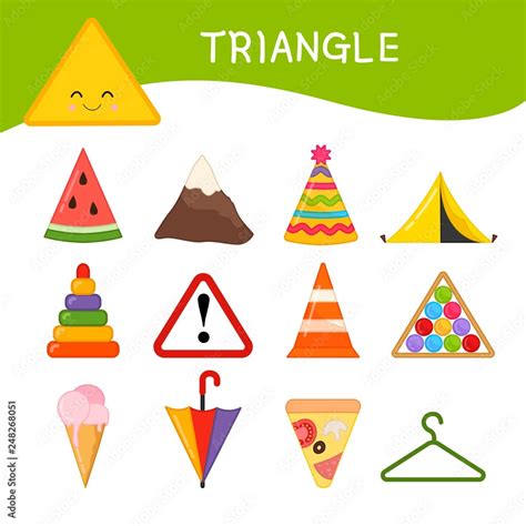 Materials for kids learning forms. A set of triangle shaped objects Stock Vector | Adobe Stock