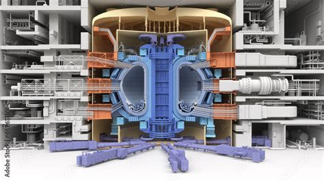 ITER Fusion Reactor. Tokamak. Thermonuclear Experimental power plant. Industrial zone with power ...