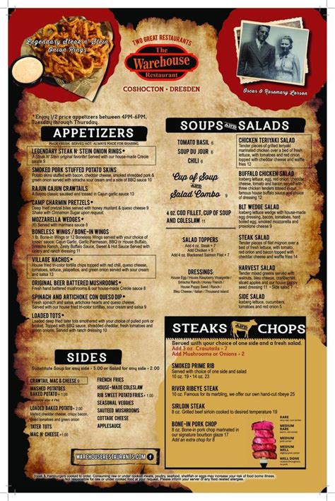 Menu at Warehouse Restaurants, Coshocton