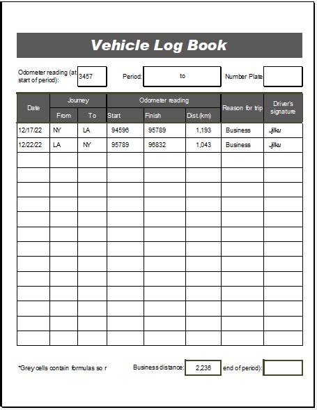 Vehicle Logbook Template for EXCEL | Excel Templates