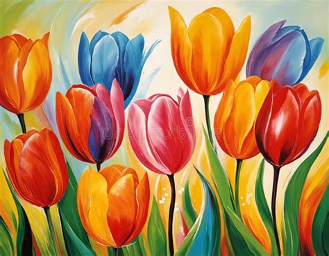 Tulips of Various Colors on a Light Background, Painting. Stock ...