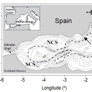 Contour map of the Alborán sea showing the bathymetry. The dashed line ...